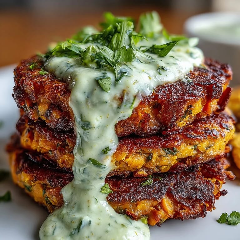 Pan-seared Crispy Sweet Potato & Red Lentil Patties served warm over a bed of fresh arugula salad.