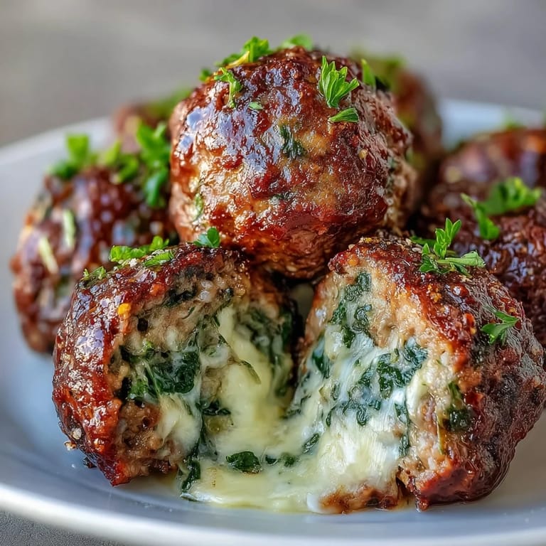 Spinach Garlic Meatballs with melted mozzarella centers served over a bowl of spaghetti and marinara sauce.