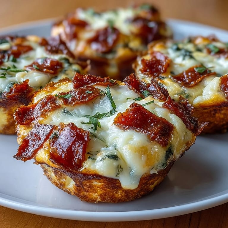 Savory High-Protein Pepperoni Breakfast Cups with diced red peppers, served warm on a rustic wooden cutting board for a hearty breakfast.
