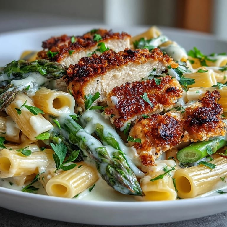 Fresh lemon zest brightens this hearty Crispy Parmesan Asparagus Chicken Pasta, served steaming beside a glass of white wine.