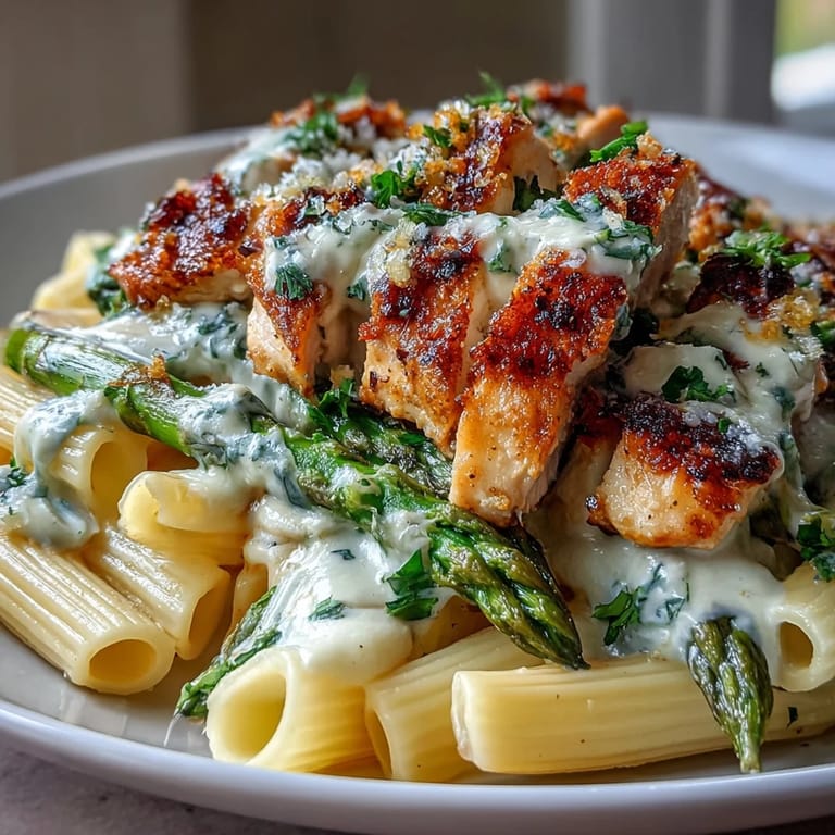 Tender chicken, crunchy cheese-coated asparagus, and al dente pasta coated in a silky cream sauce, ready for dinner.