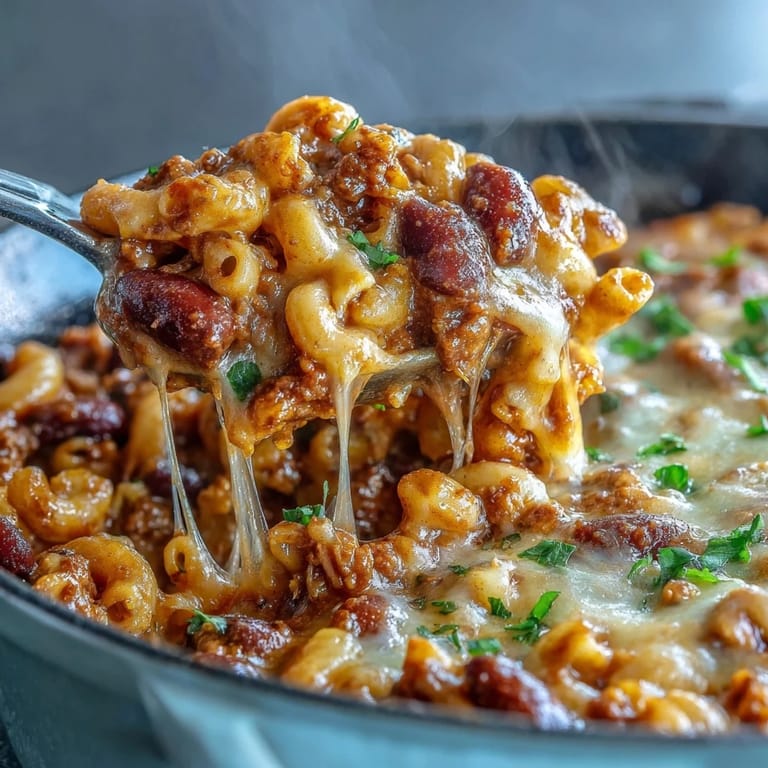 A hearty scoop of One-Pot Tex-Mex Chili Mac with Corn reveals tender macaroni, black beans, and sweet corn kernels.