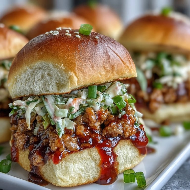 Ground turkey simmered in gochujang sauce fills slider buns, topped with creamy slaw and sesame seeds on a serving platter.