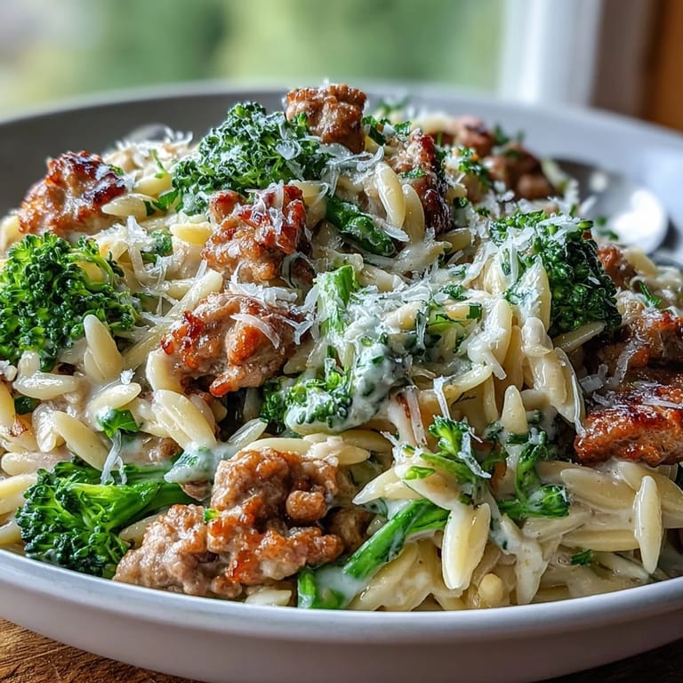 Close-up of Creamy Garlic Turkey & Broccoli Orzo, al dente orzo coated in creamy sauce with turkey and vibrant green broccoli.