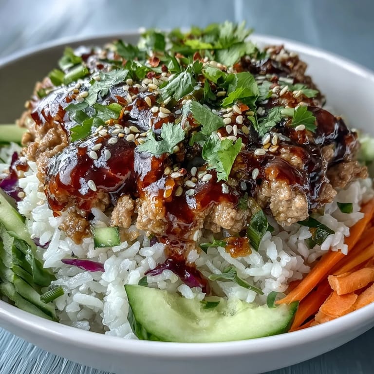 Freshly prepared Spicy Bang Bang Turkey Rice Bowls with colorful shredded veggies and creamy drizzle.