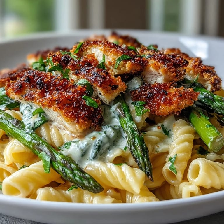 A close-up of Crispy Parmesan Asparagus Chicken Pasta highlights crunchy toppings and fresh parsley garnish.