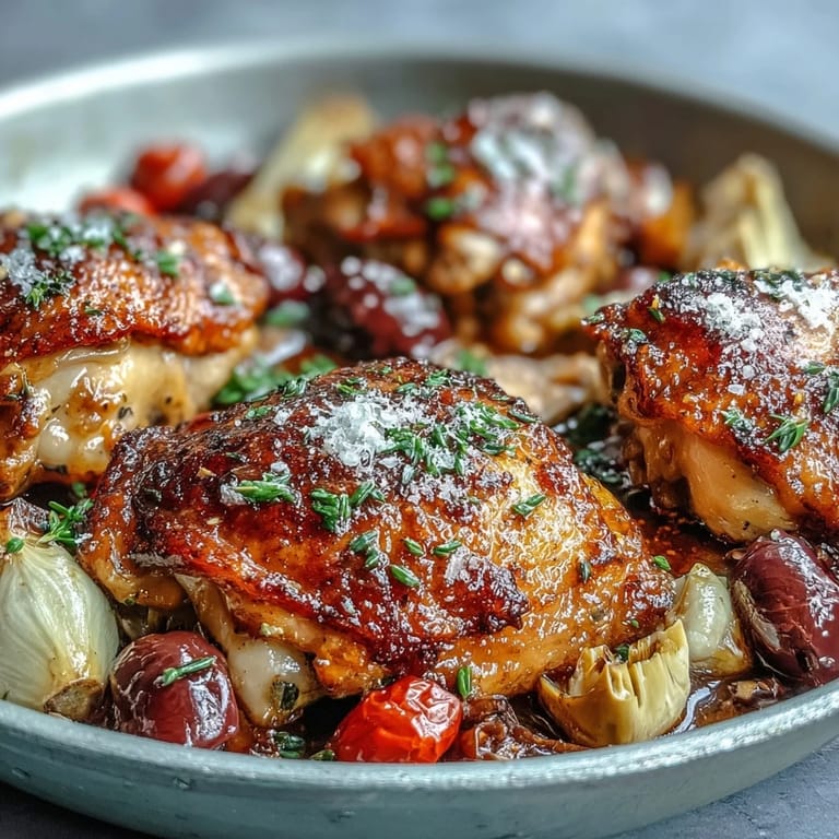 Juicy One-Pan Mediterranean Chicken with Olives and Artichokes served over fluffy couscous with lemon wedges.