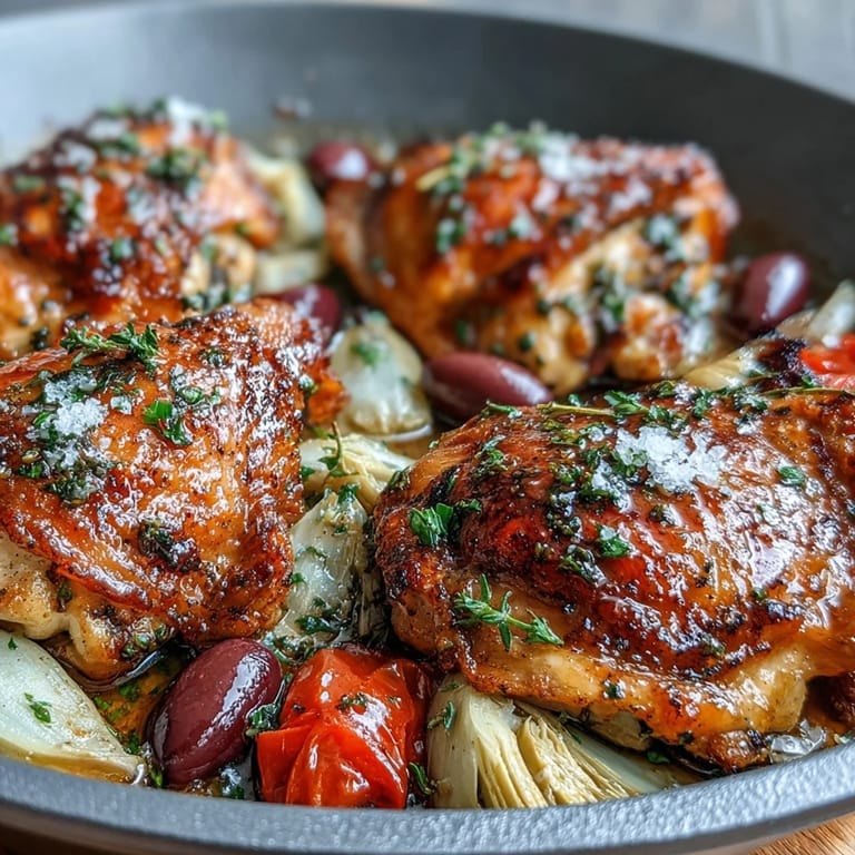 A close-up of One-Pan Mediterranean Chicken with Olives and Artichokes showing tender thighs and vibrant peppers.