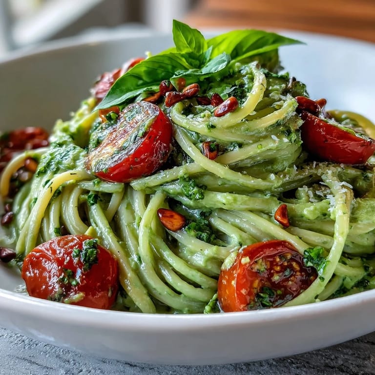 Fresh Vegan Creamy Avocado Lime Pasta with Cherry Tomatoes tossed in a silky green sauce.