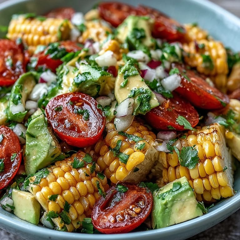 Close-up of Fresh Corn and Tomato Salad with Avocado and Lime showcasing sweet corn, juicy tomatoes, and creamy avocado.