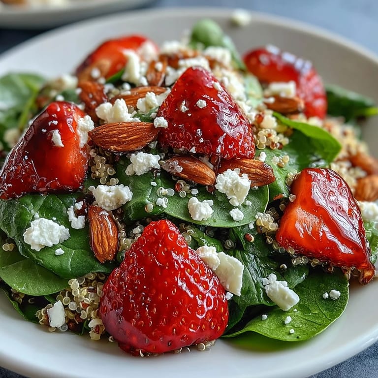 Strawberry Spinach Quinoa Salad with Balsamic is plated and ready to serve.