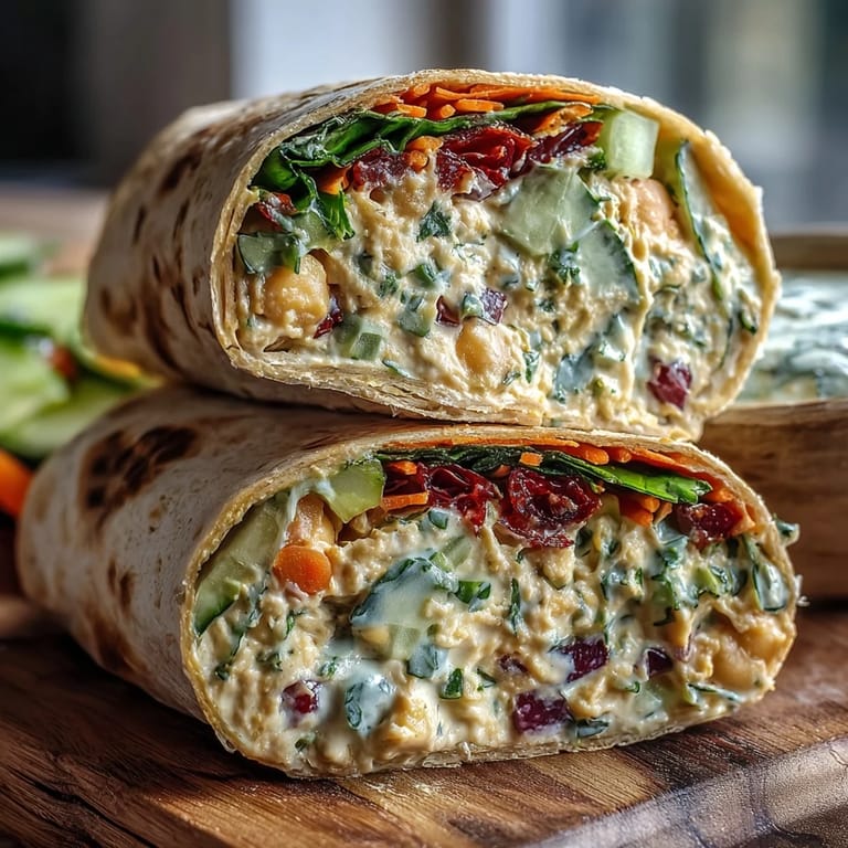 Freshly rolled Vegan Coconut Curry Chickpea Salad Wraps packed with crisp carrots and cucumber, perfect for a quick lunch.