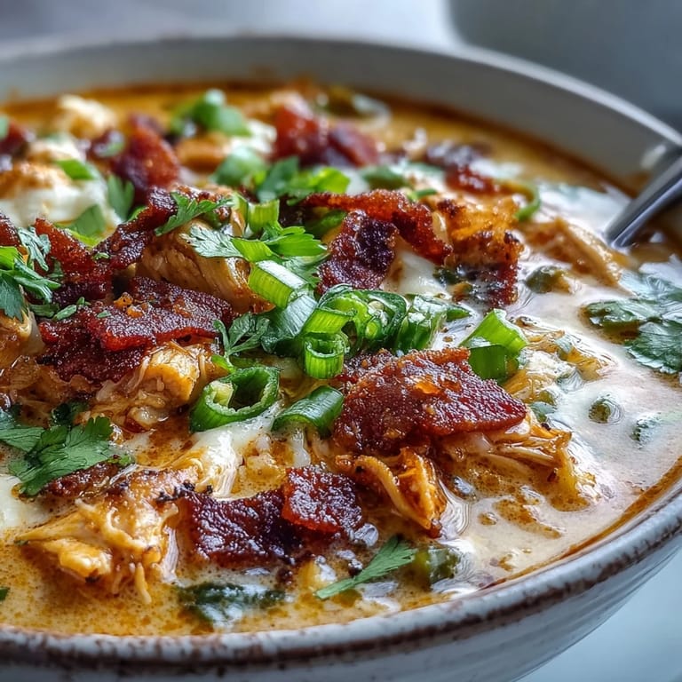 Velvety chicken soup with bold jalapeño and bacon flavors, garnished with cilantro and served steaming hot.  