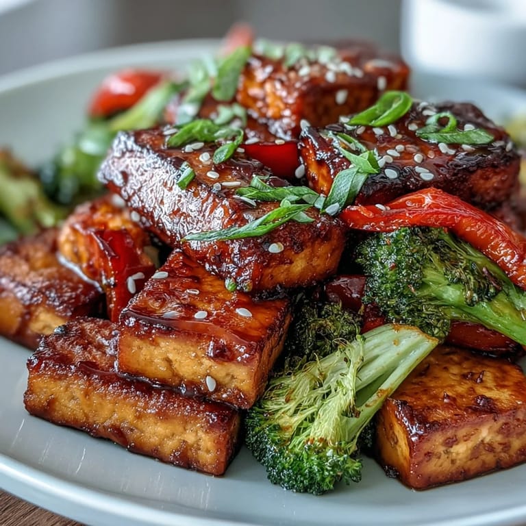 Savory vegan teriyaki tofu paired with tender broccoli and sweet peppers, all baked together for an easy, flavorful plant-based dinner.