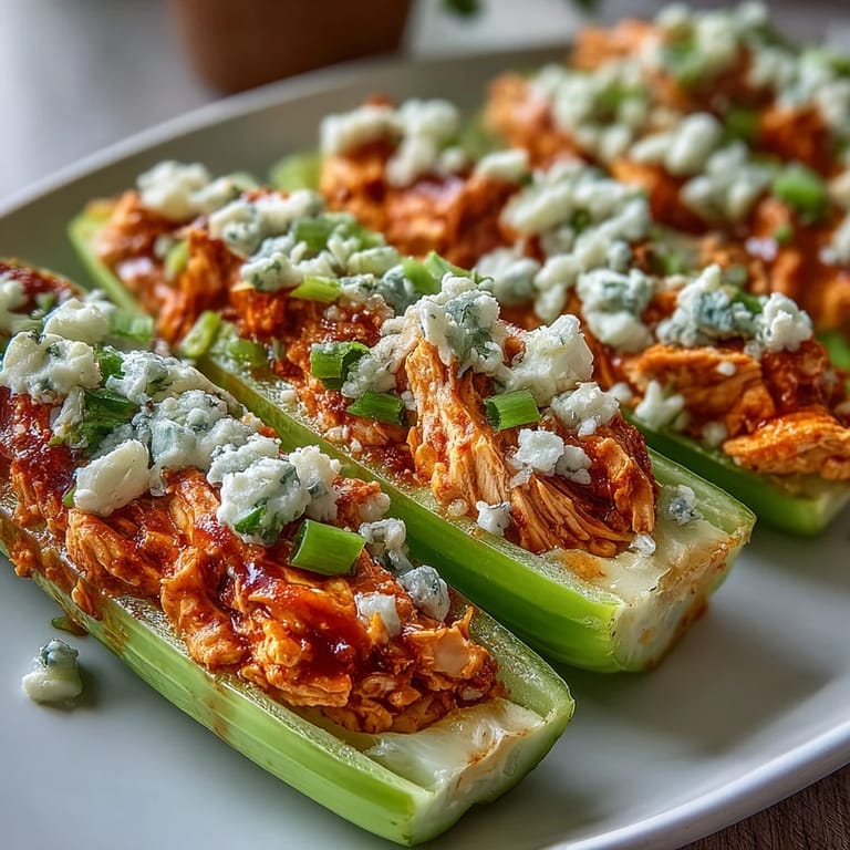 Fresh celery boats loaded with creamy buffalo chicken and sprinkled with tangy blue cheese make a perfect keto-friendly bite.