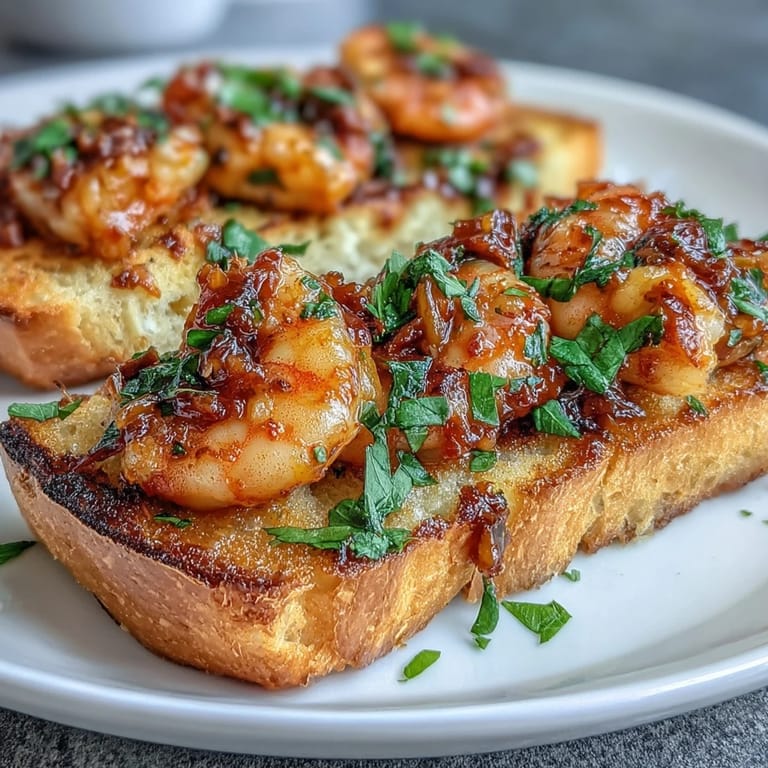 Golden-brown bread piled high with zesty shrimp tossed in Calabrian chili oil, offering a bold and flavorful appetizer or light meal.