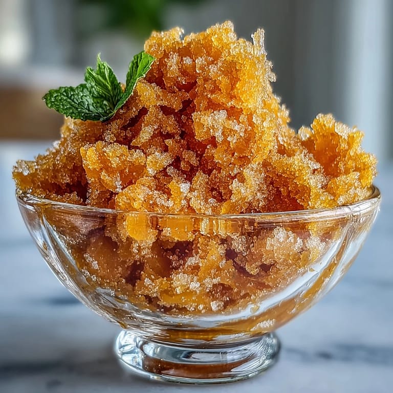 Refreshing homemade mango granita served in chilled glasses, showcasing bright golden hues and light, fluffy texture.