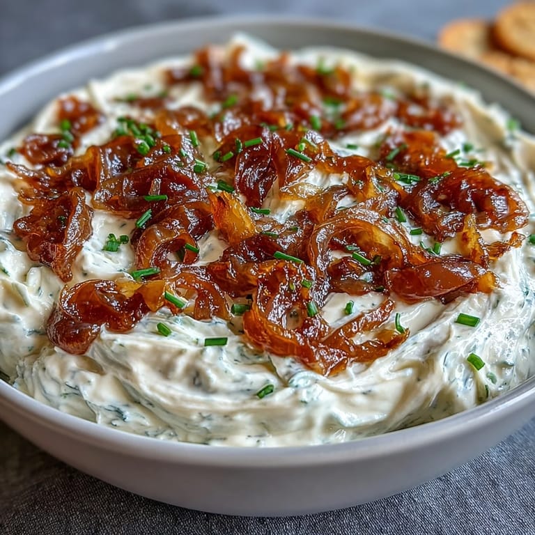 Rich and tangy caramelized onion dip with Greek yogurt, topped with chives and ready for dipping with colorful vegetable crudités.