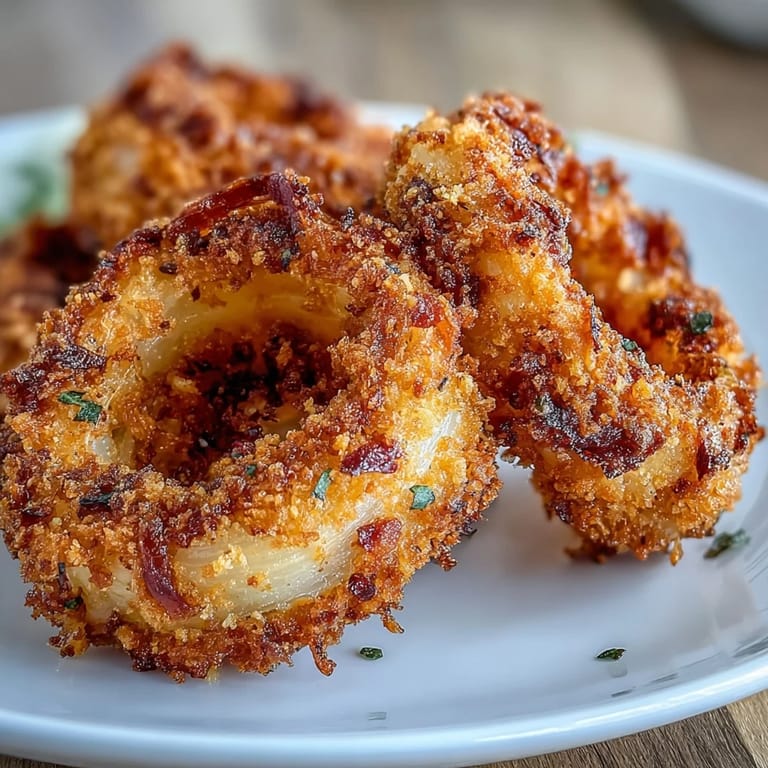 Baked onion rings with golden panko coating and creamy smoky paprika dip, perfect for a satisfying snack.