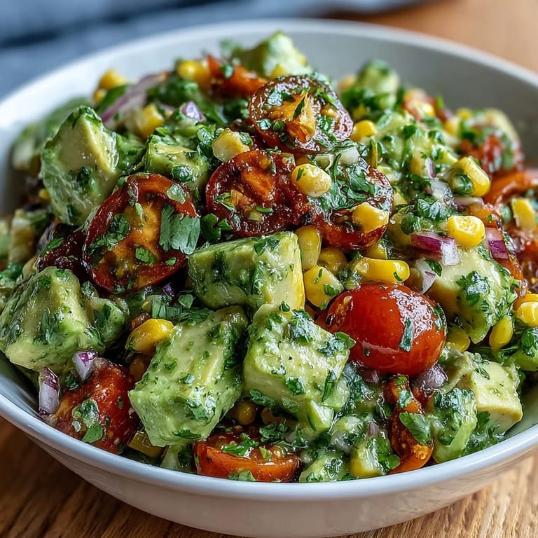 Vibrant avocado and tomato salad with sweet corn kernels, red onion, and a tangy lime vinaigrette, ideal for summer gatherings or picnics.