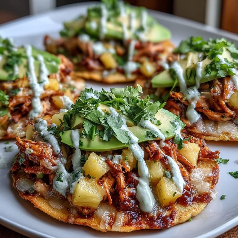 Golden corn tostadas topped with juicy shredded chicken, fresh pineapple salsa, and a tangy lime crema drizzle.  