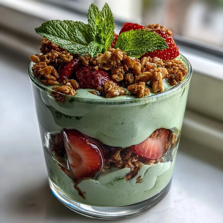 Refreshing strawberry matcha yogurt parfait topped with sliced strawberries, crunchy granola, and a sprinkle of chopped pistachios.