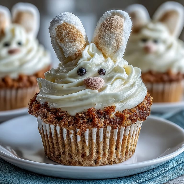 Moist carrot cake cupcakes with cream cheese frosting, adorned with marshmallow bunny ears and candy faces for a festive Easter dessert.
