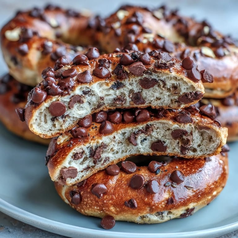 Golden-brown homemade bagels with a chewy texture, studded with rich chocolate chips for a satisfying, high-protein snack.  