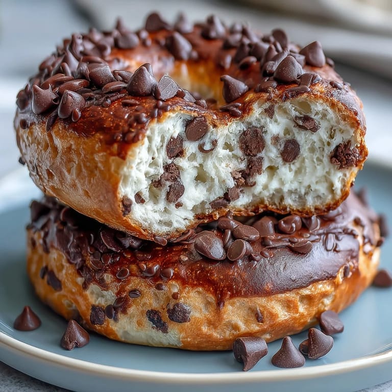 Freshly baked chocolate chip protein bagels with a glossy crust, ideal for meal prep or a quick, nutritious breakfast.