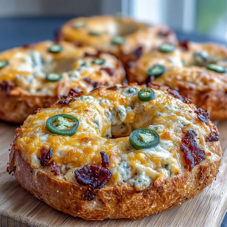 Chewy, protein-packed bagels filled with sharp cheddar and spicy jalapeños, perfect for a nutritious and satisfying morning meal.  