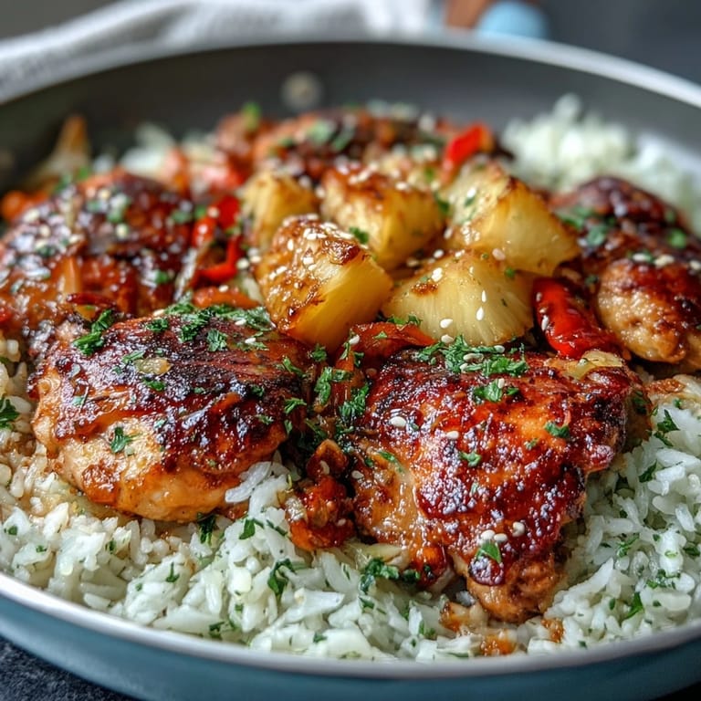 One-pan Pineapple Chicken and Rice Skillet with vibrant bell peppers, golden chicken, and tropical pineapple for a quick dinner.