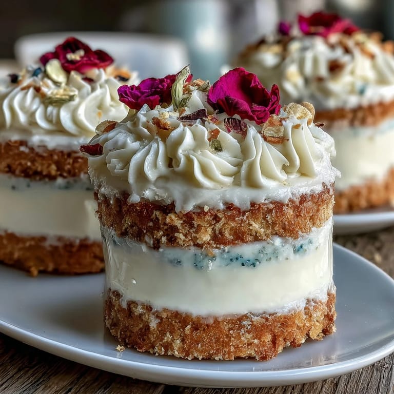 Adorable vanilla-lemon mini cakes layered with creamy buttercream and decorated with fresh edible flowers for a festive birthday treat.  