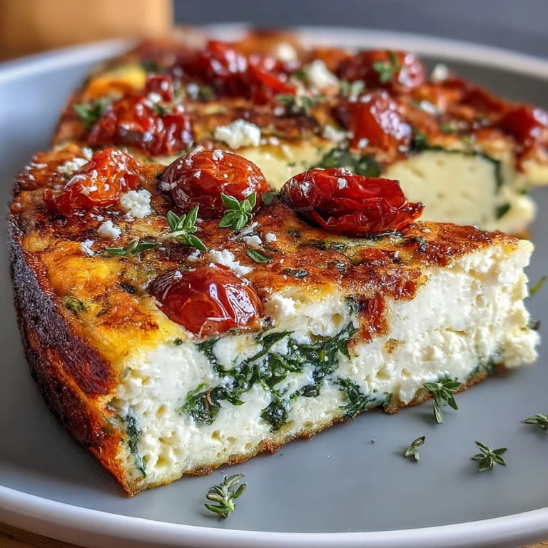 Savory frittata with tender spinach, tangy feta, and sweet-tart sun-dried tomatoes, baked to golden perfection for a Mediterranean-inspired meal.
