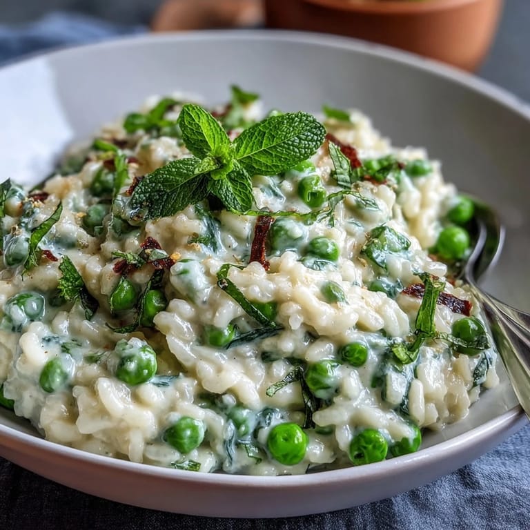 Bright and vibrant pea and mint risotto topped with Parmesan, ideal for seasonal entertaining.
