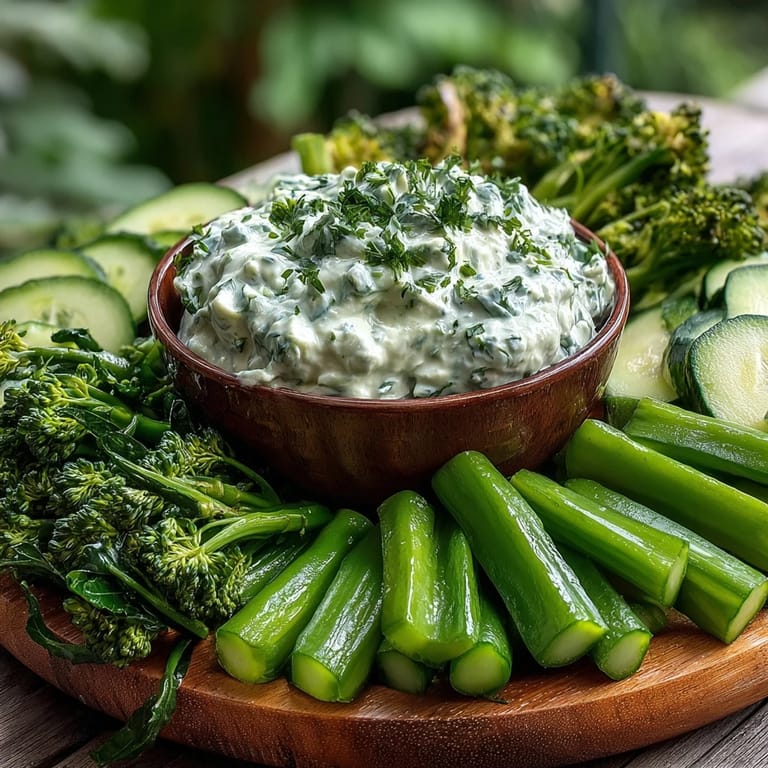 Healthy green snack board with avocado ranch dip, perfect for parties or light meals.