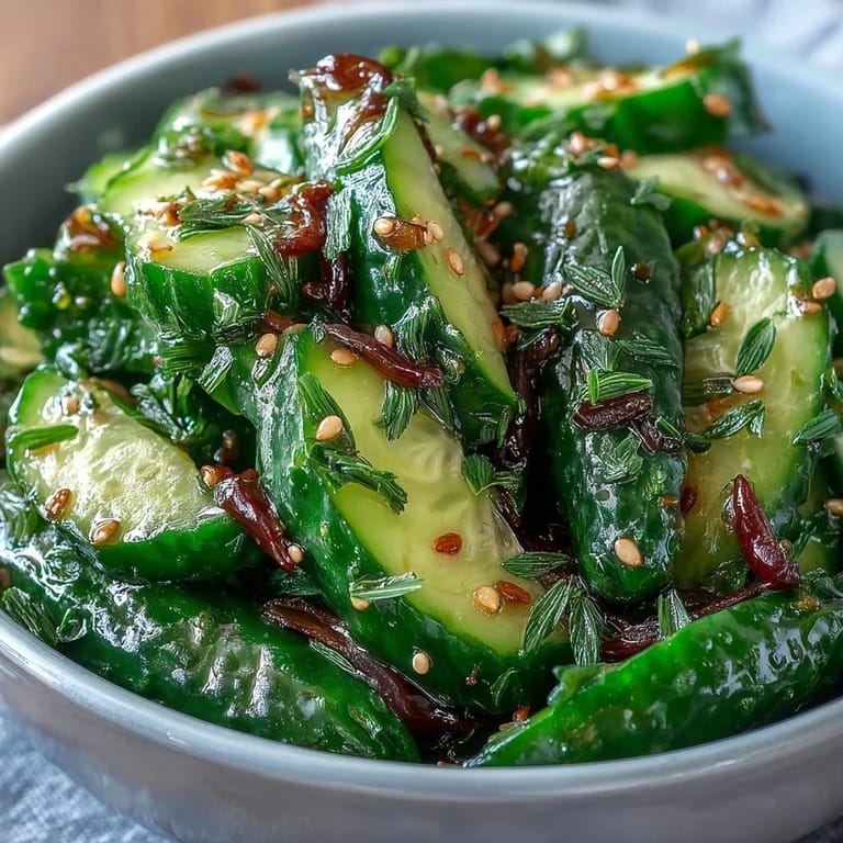 Thinly sliced cucumbers in tangy sesame-rice vinegar dressing, topped with toasted sesame seeds and fresh cilantro for a refreshing bite.