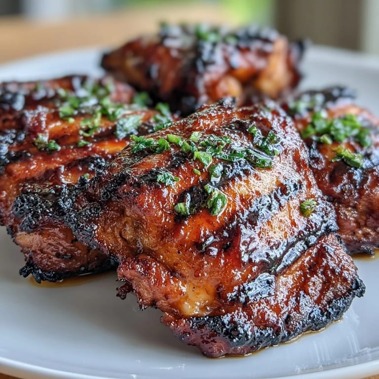 Spicy-sweet honey sriracha chicken thighs sizzling on the grill, served with lime wedges.  