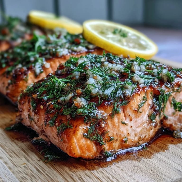 Cedar Plank Salmon with Garlic Dill: skin-on salmon grilled on soaked cedar planks, topped with fresh dill and lemon zest for a fragrant, herb-infused seafood dinner.