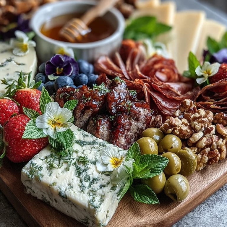 Elegant charcuterie spread with prosciutto, brie, fresh berries, and edible pansies, perfect for a festive spring gathering.