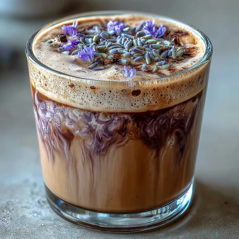 Two glasses of iced lavender oat milk latte topped with a sprinkle of dried lavender buds, offering a refreshing and aromatic vegan coffee treat.