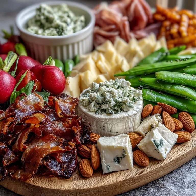 Fresh spring charcuterie board with radishes, peas, and herb dip, offering crisp vegetables and savory meats for gatherings.