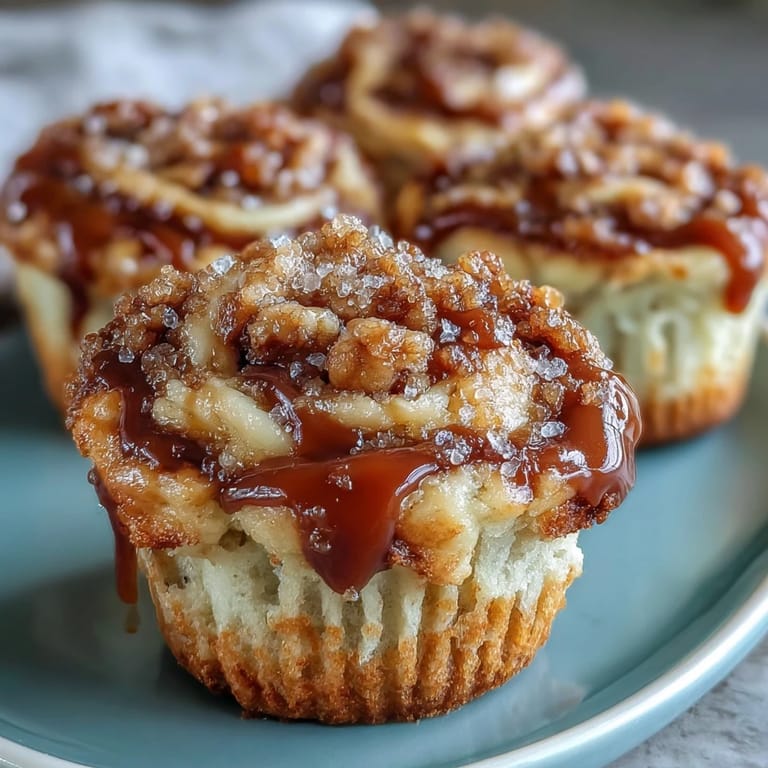 Freshly baked Caramel Cream Cheese Swirl Muffins on a marble counter with sliced bananas and a caramel drizzle.