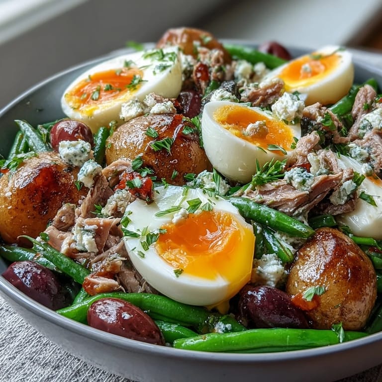 Colorful Niçoise salad platter featuring cherry tomatoes, olives, and tender potatoes topped with seared tuna.