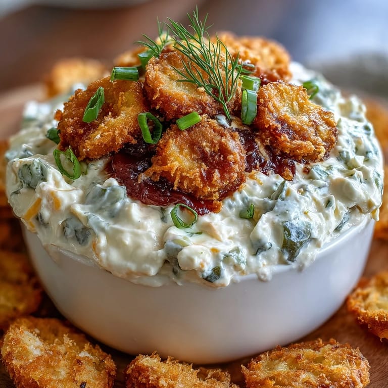Tangy fried pickle dip, a party appetizer with ranch and cream cheese.