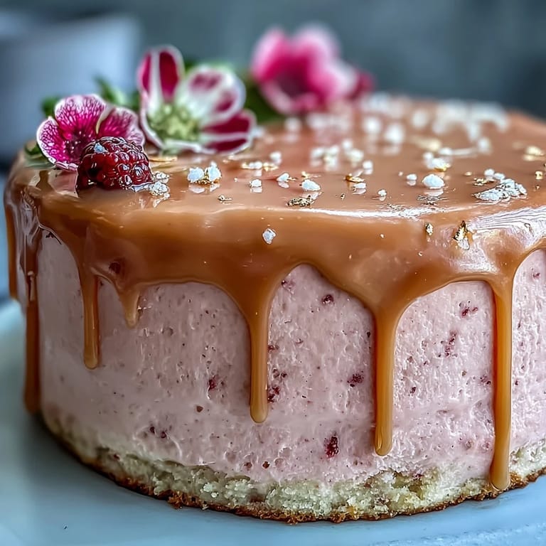 Elegant Bridal Shower Rosé Velvet Cake topped with glossy, metallic gold drizzle.