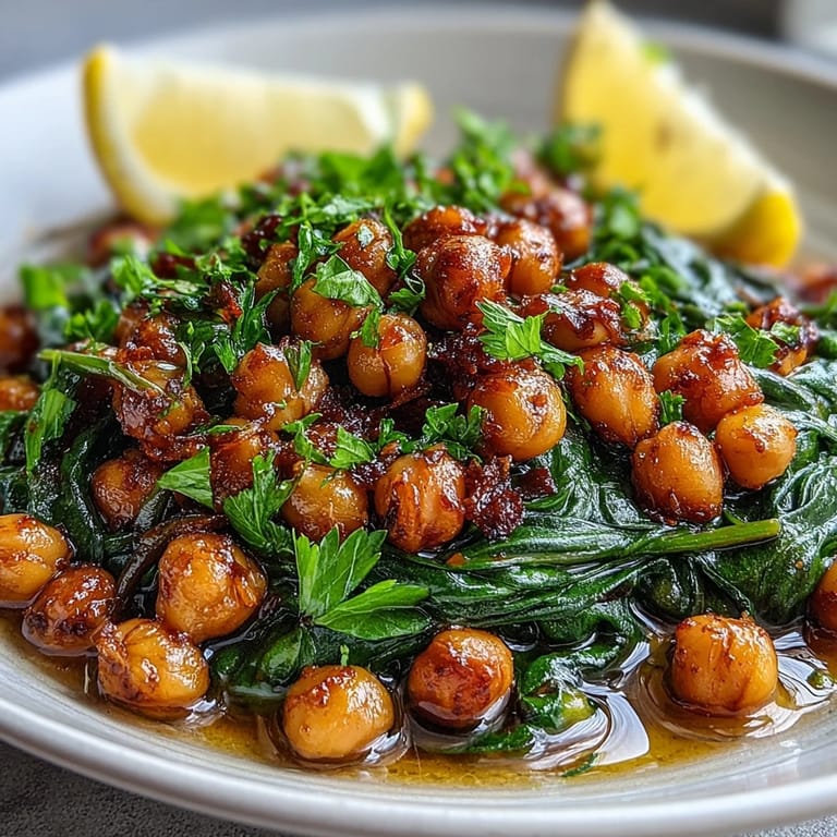 A healthy vegetarian appetizer, Easy Spinach and Chickpea Tapas with pan-seared spinach.