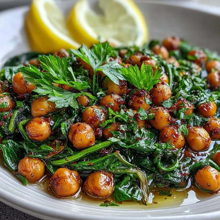 Flavorful Easy Spinach and Chickpea Tapas served with lemon wedges, perfect for sharing.