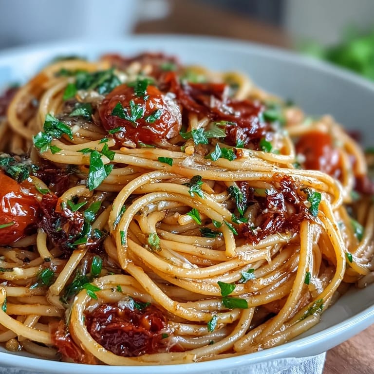 A vibrant bowl of Smoky Anchovy Tomato Butter Pasta garnished with lemon zest for a zesty finish.