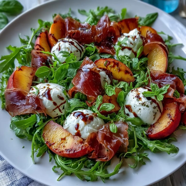 Vibrant Peach Burrata Prosciutto Salad, a refreshing balance of sweet and savory.