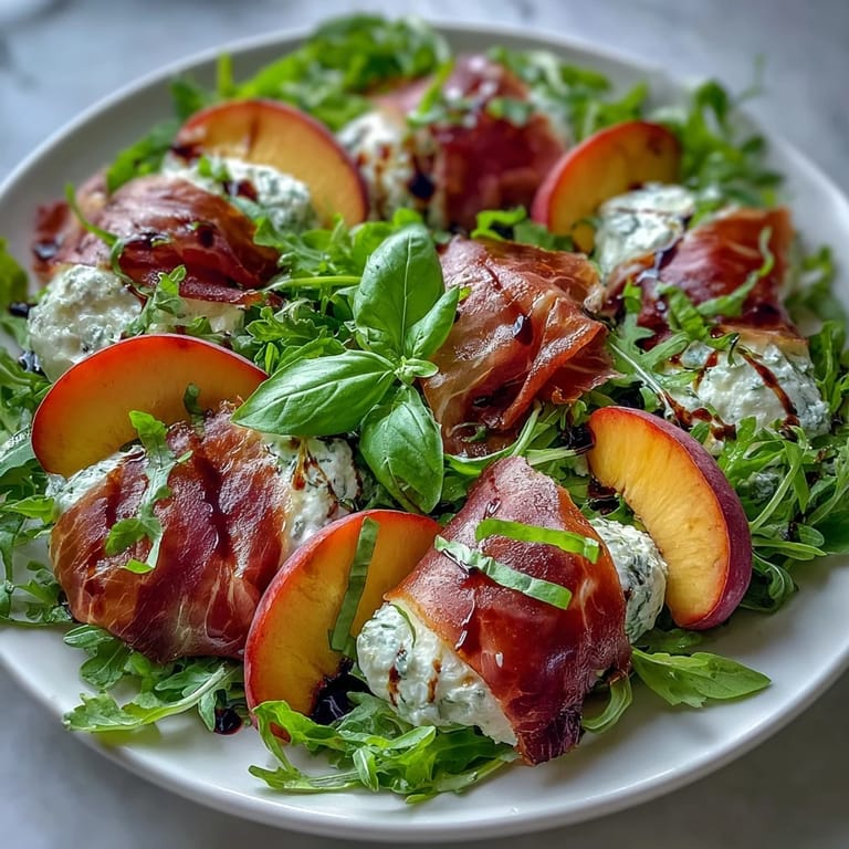 Glistening Peach Burrata Prosciutto Salad, perfect for light summer entertaining.